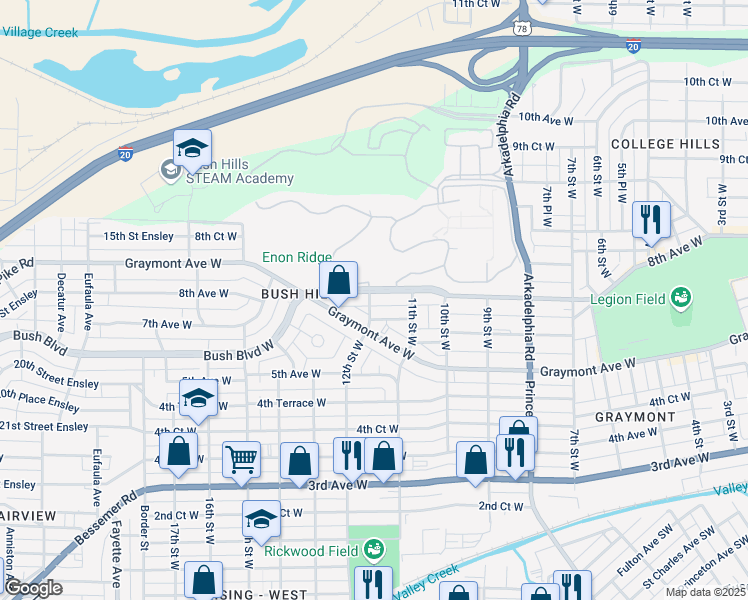 map of restaurants, bars, coffee shops, grocery stores, and more near 1136 7th Avenue West in Birmingham