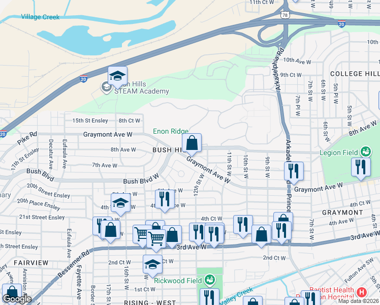 map of restaurants, bars, coffee shops, grocery stores, and more near 1224 Graymont Avenue West in Birmingham