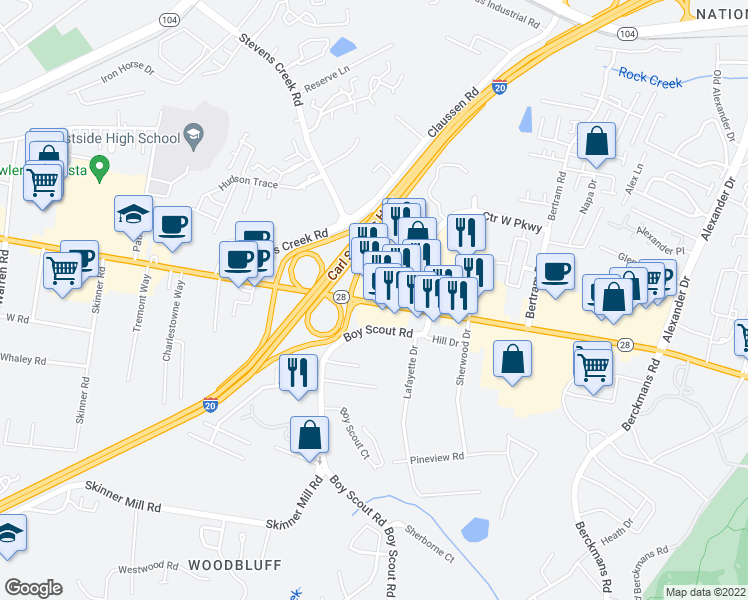 map of restaurants, bars, coffee shops, grocery stores, and more near 2951 Washington Rd in Augusta