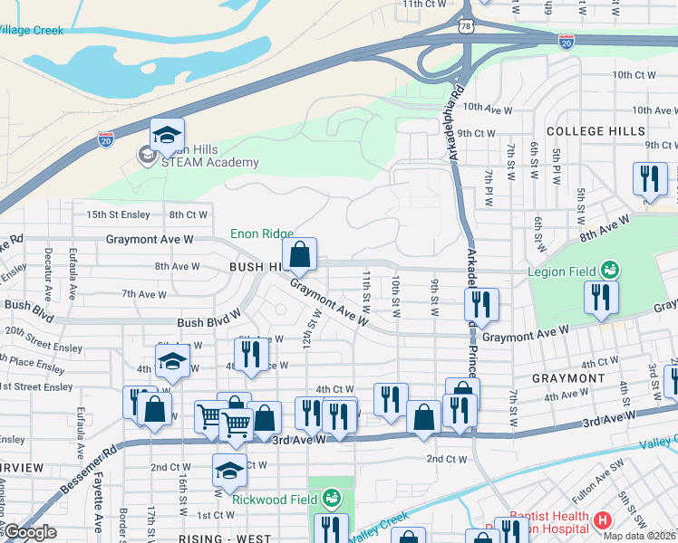 map of restaurants, bars, coffee shops, grocery stores, and more near 1136 7th Avenue West in Birmingham