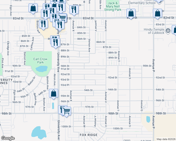 map of restaurants, bars, coffee shops, grocery stores, and more near 2214 92nd Street in Lubbock