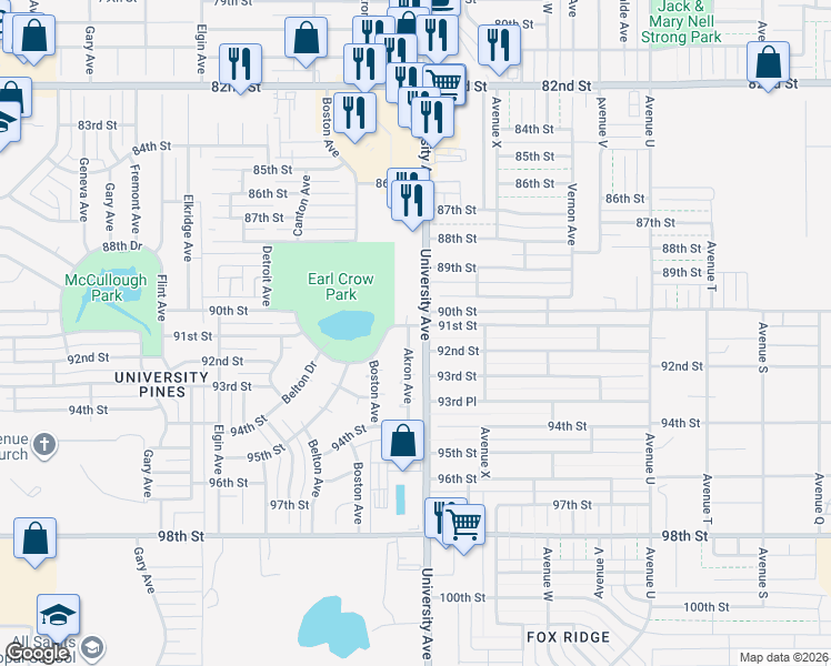 map of restaurants, bars, coffee shops, grocery stores, and more near 9103 Akron Avenue in Lubbock