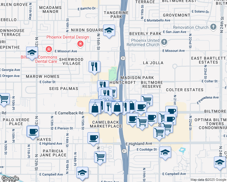 map of restaurants, bars, coffee shops, grocery stores, and more near 1701 East Colter Street in Phoenix