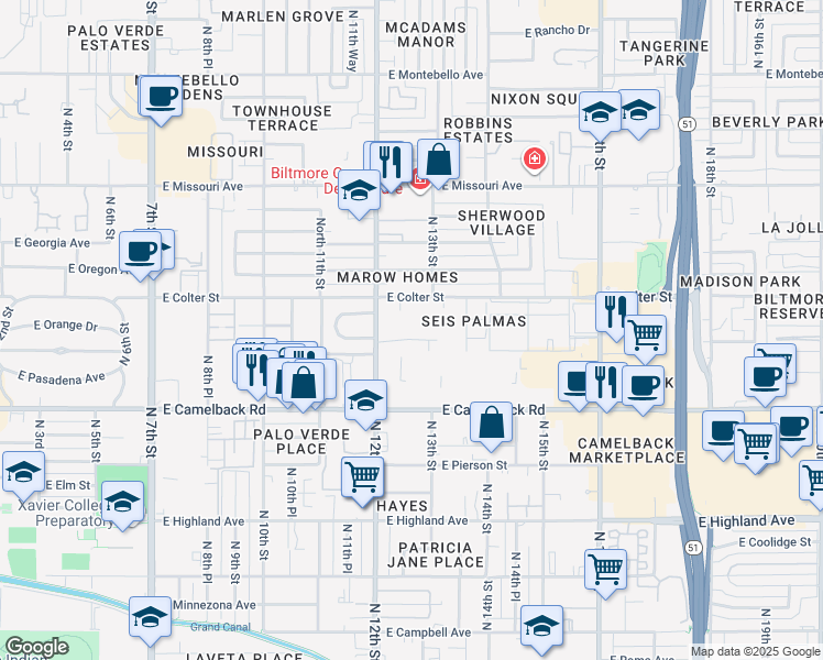 map of restaurants, bars, coffee shops, grocery stores, and more near 1241 East Medlock Drive in Phoenix