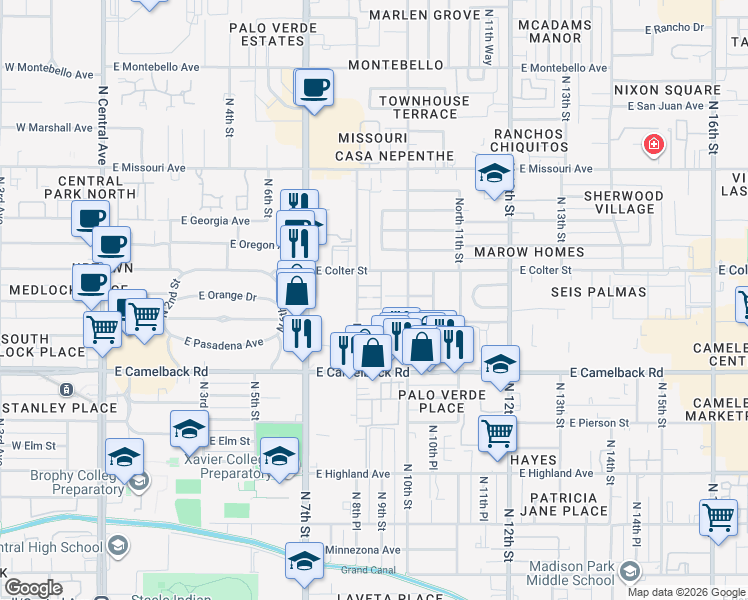 map of restaurants, bars, coffee shops, grocery stores, and more near 832 East Fern Drive South in Phoenix