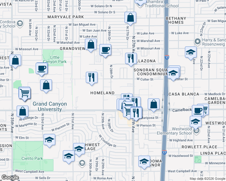 map of restaurants, bars, coffee shops, grocery stores, and more near 5102 North 28th Drive in Phoenix