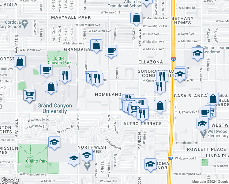 map of restaurants, bars, coffee shops, grocery stores, and more near 5102 North 28th Drive in Phoenix