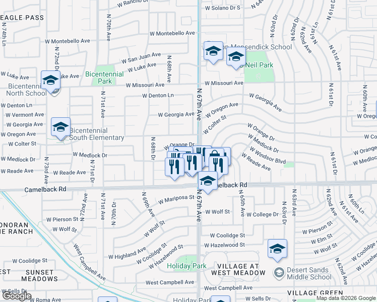 map of restaurants, bars, coffee shops, grocery stores, and more near 6731 West Medlock Drive in Glendale