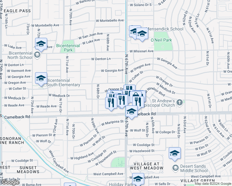 map of restaurants, bars, coffee shops, grocery stores, and more near 6731 West Medlock Drive in Glendale