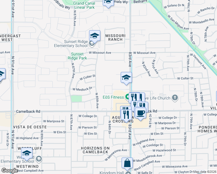 map of restaurants, bars, coffee shops, grocery stores, and more near 8429 West Windsor Boulevard in Glendale
