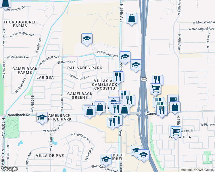 map of restaurants, bars, coffee shops, grocery stores, and more near 5150 North 99th Avenue in Phoenix