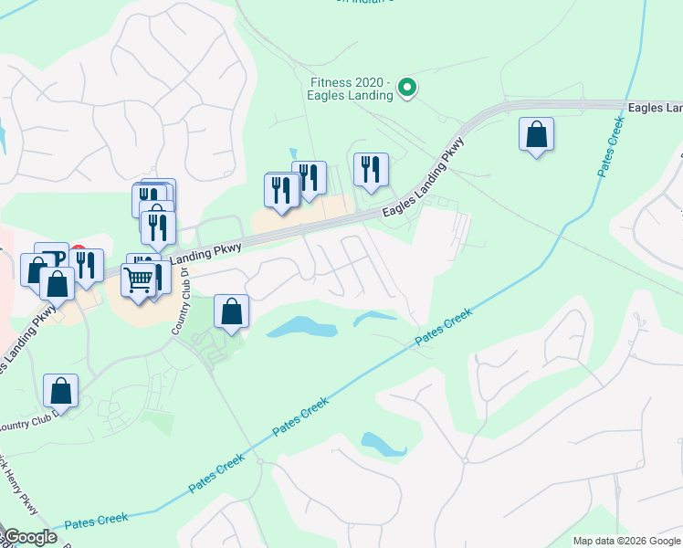 map of restaurants, bars, coffee shops, grocery stores, and more near 103 Prestwick Way South in Stockbridge