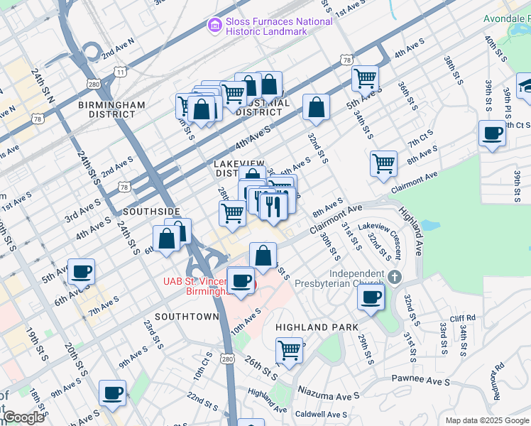 map of restaurants, bars, coffee shops, grocery stores, and more near 711 29th Street South in Birmingham