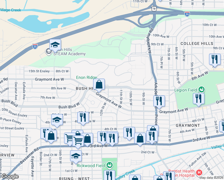 map of restaurants, bars, coffee shops, grocery stores, and more near 1136 7th Avenue West in Birmingham