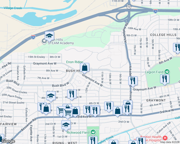 map of restaurants, bars, coffee shops, grocery stores, and more near 1136 7th Avenue West in Birmingham
