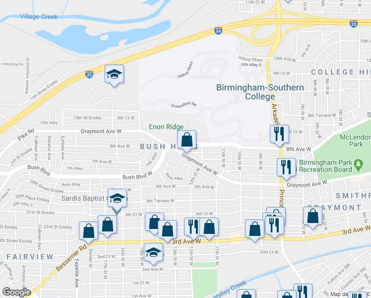 map of restaurants, bars, coffee shops, grocery stores, and more near 1224 Graymont Avenue West in Birmingham