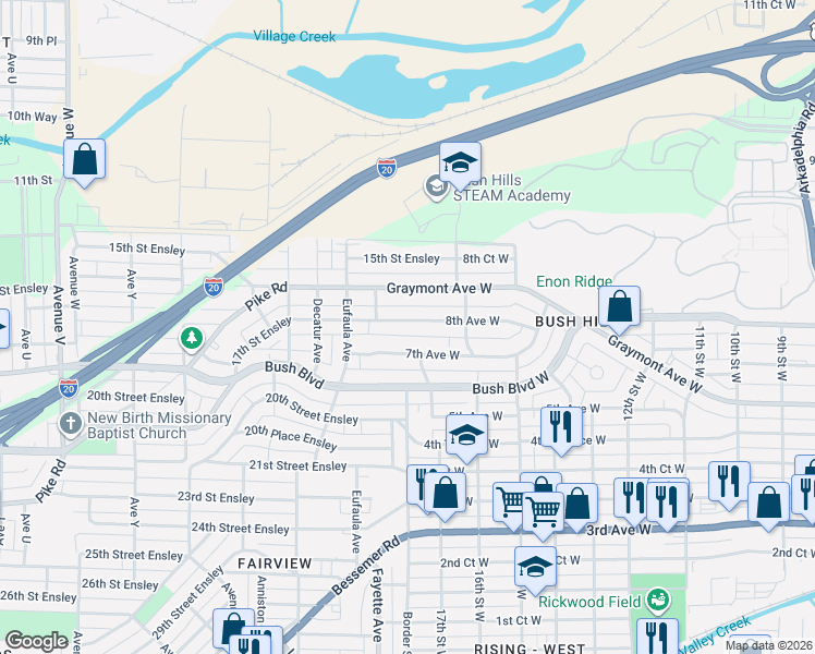 map of restaurants, bars, coffee shops, grocery stores, and more near 1633 8th Avenue West in Birmingham