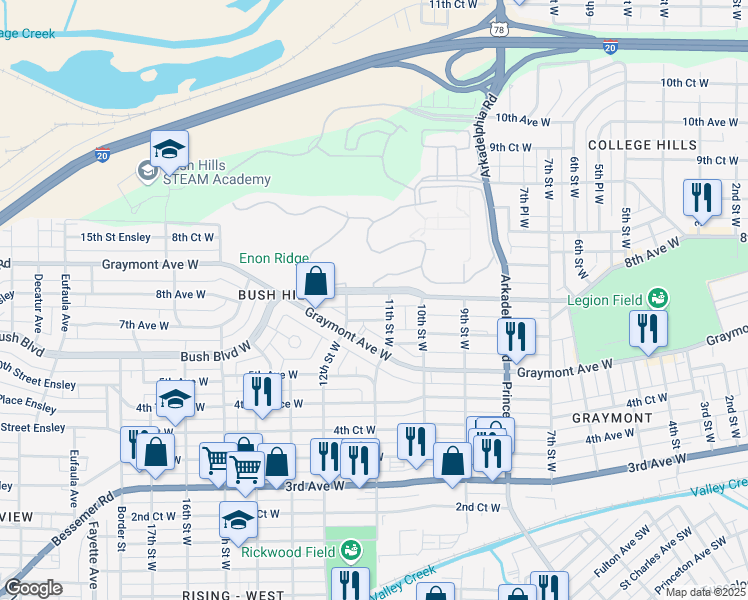map of restaurants, bars, coffee shops, grocery stores, and more near 1102 7th Avenue West in Birmingham