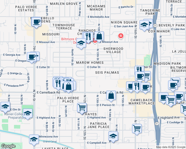 map of restaurants, bars, coffee shops, grocery stores, and more near 1241 East Medlock Drive in Phoenix
