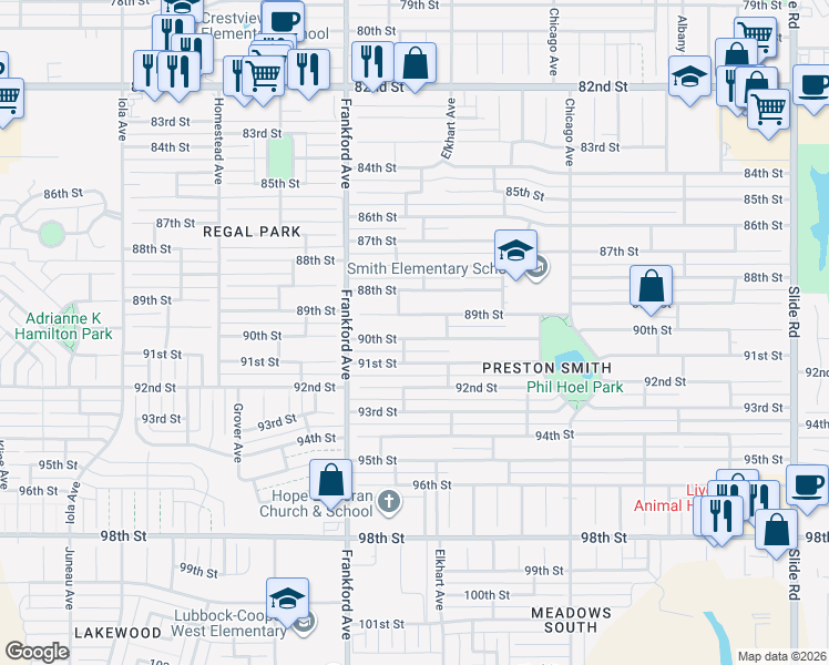 map of restaurants, bars, coffee shops, grocery stores, and more near 5711 90th Street in Lubbock