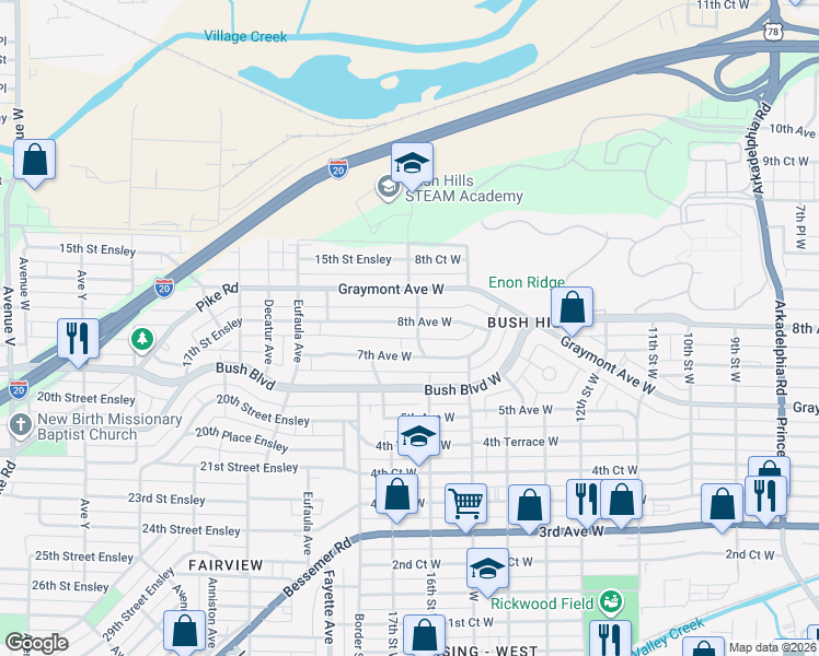 map of restaurants, bars, coffee shops, grocery stores, and more near 1603 8th Avenue West in Birmingham