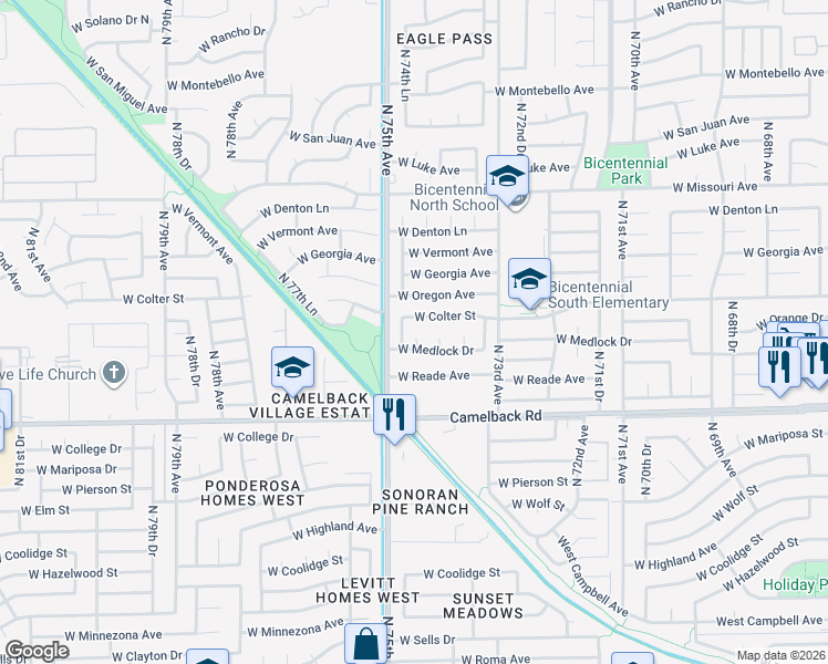 map of restaurants, bars, coffee shops, grocery stores, and more near 5173 North 74th Drive in Glendale