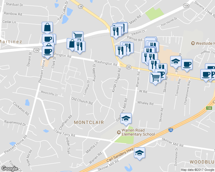 map of restaurants, bars, coffee shops, grocery stores, and more near 119 Kings Chapel Court in Augusta