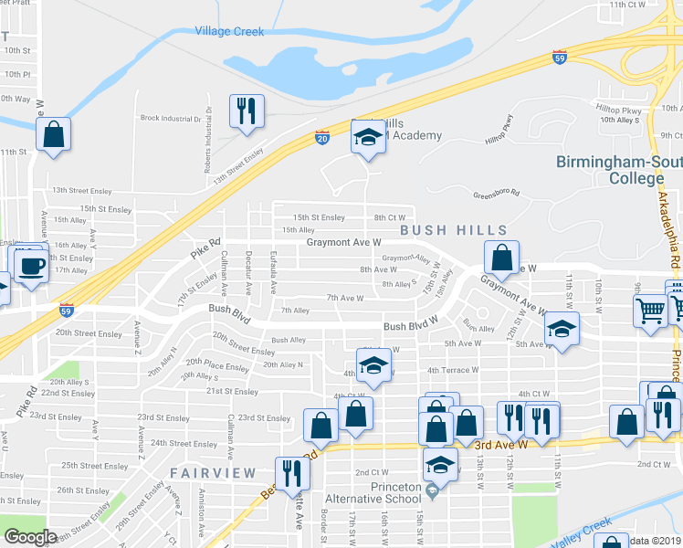 map of restaurants, bars, coffee shops, grocery stores, and more near 1633 8th Avenue West in Birmingham