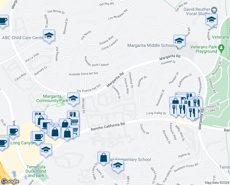 map of restaurants, bars, coffee shops, grocery stores, and more near 42122 Veneto Drive in Temecula