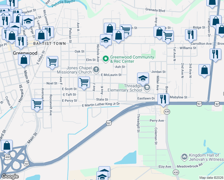 map of restaurants, bars, coffee shops, grocery stores, and more near 720 Broad Street in Greenwood
