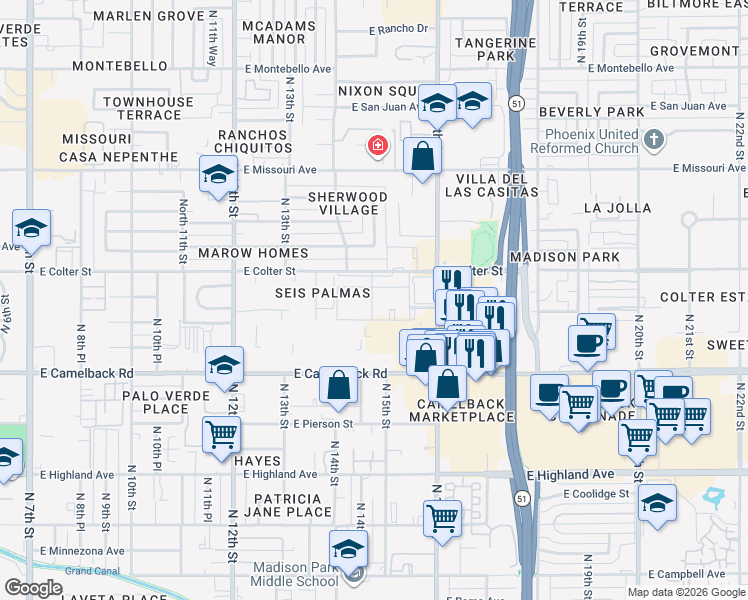 map of restaurants, bars, coffee shops, grocery stores, and more near 5128 North 15th Street in Phoenix
