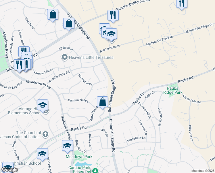 map of restaurants, bars, coffee shops, grocery stores, and more near 32469 Corte Palacio in Temecula