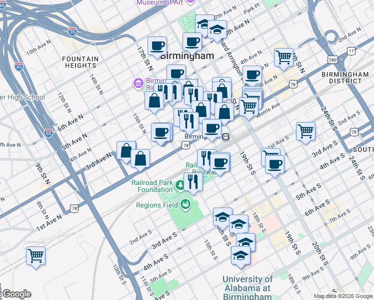 map of restaurants, bars, coffee shops, grocery stores, and more near 1605 1st Avenue North in Birmingham