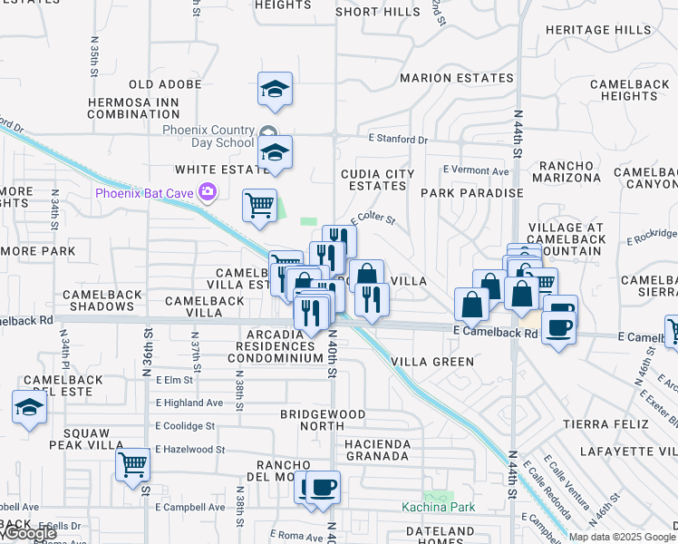map of restaurants, bars, coffee shops, grocery stores, and more near 5115 40th Street in Phoenix