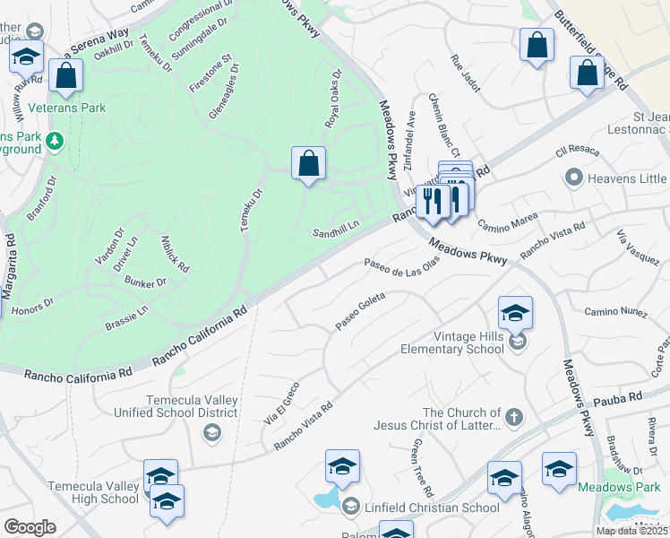 map of restaurants, bars, coffee shops, grocery stores, and more near 31546 Paseo de Las Olas in Temecula