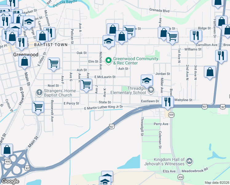map of restaurants, bars, coffee shops, grocery stores, and more near 720 Broad Street in Greenwood
