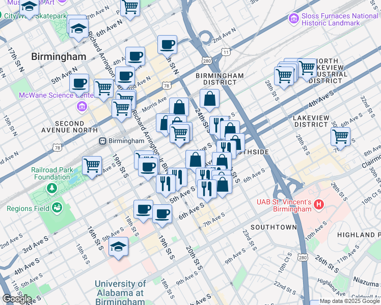 map of restaurants, bars, coffee shops, grocery stores, and more near 2217 3rd Avenue South in Birmingham