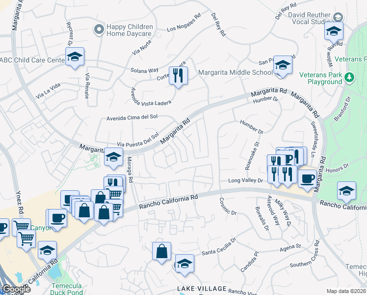 map of restaurants, bars, coffee shops, grocery stores, and more near 42122 Veneto Drive in Temecula