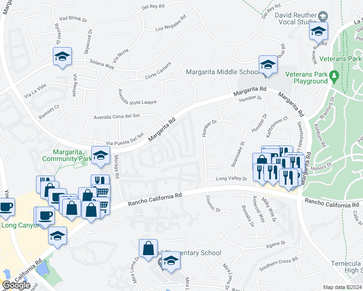 map of restaurants, bars, coffee shops, grocery stores, and more near 42116 Orange Blossom Drive in Temecula
