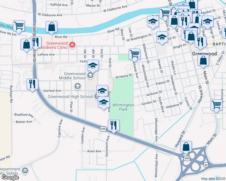 map of restaurants, bars, coffee shops, grocery stores, and more near 1258-1498 Sycamore Avenue in Greenwood