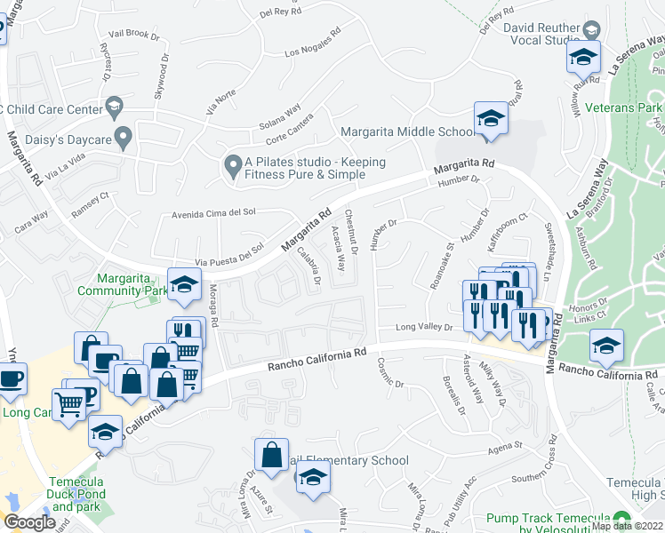 map of restaurants, bars, coffee shops, grocery stores, and more near 42116 Orange Blossom Drive in Temecula