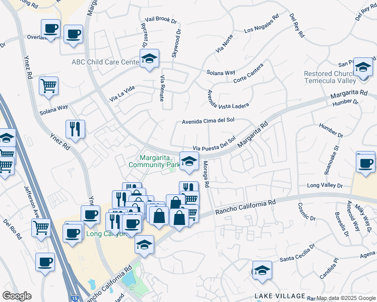 map of restaurants, bars, coffee shops, grocery stores, and more near 29119 Margarita Road in Temecula