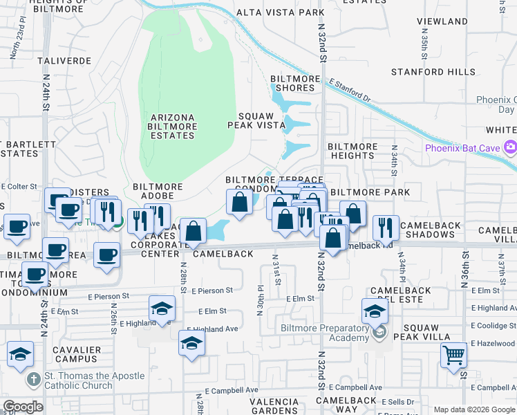 map of restaurants, bars, coffee shops, grocery stores, and more near 3020 East Camelback Road in Phoenix