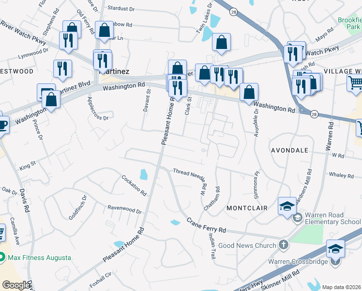 map of restaurants, bars, coffee shops, grocery stores, and more near 45 Tiburon Trail in Augusta