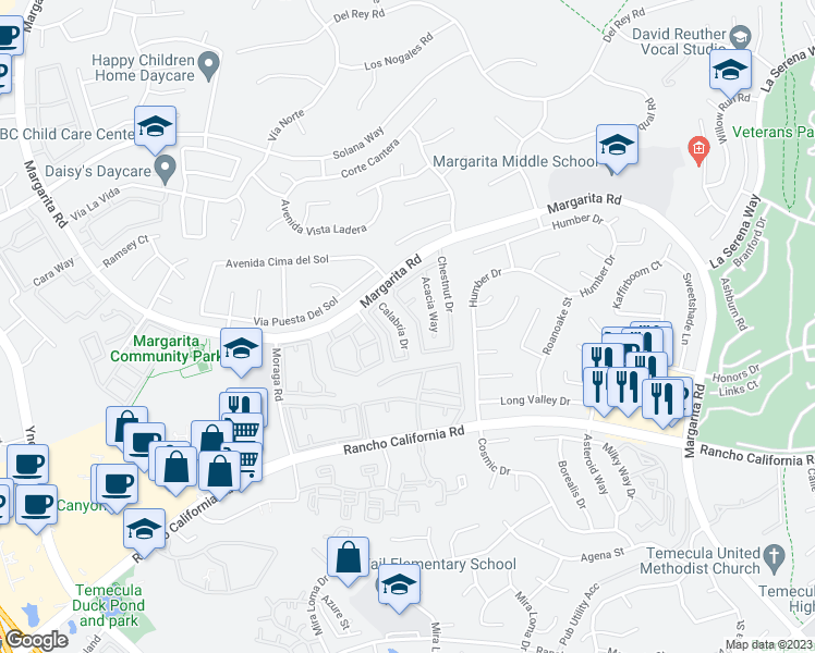 map of restaurants, bars, coffee shops, grocery stores, and more near 42090 Calabria Drive in Temecula