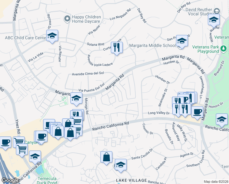 map of restaurants, bars, coffee shops, grocery stores, and more near 42045 Veneto Drive in Temecula