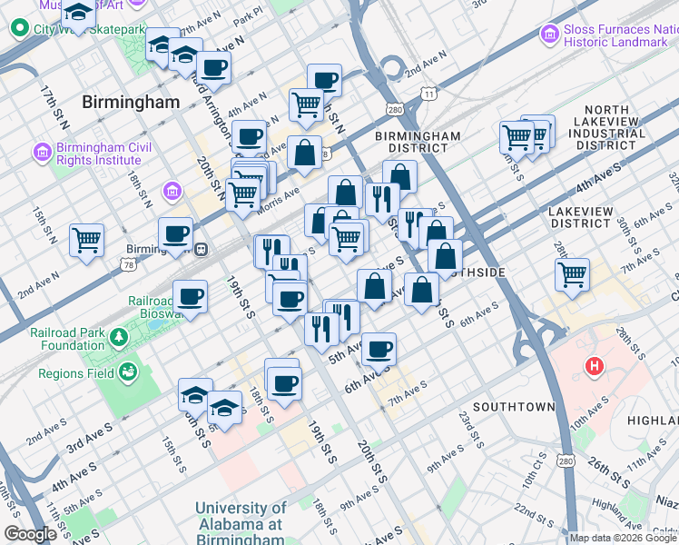 map of restaurants, bars, coffee shops, grocery stores, and more near in Birmingham
