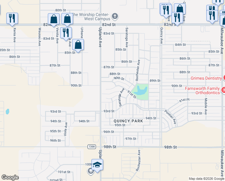 map of restaurants, bars, coffee shops, grocery stores, and more near 8701-9299 Upland Avenue in Lubbock