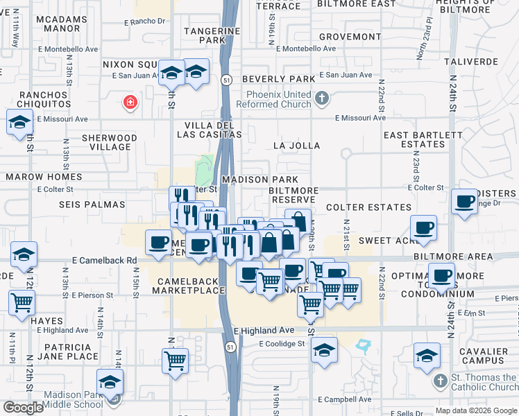 map of restaurants, bars, coffee shops, grocery stores, and more near 1814 East Medlock Drive in Phoenix