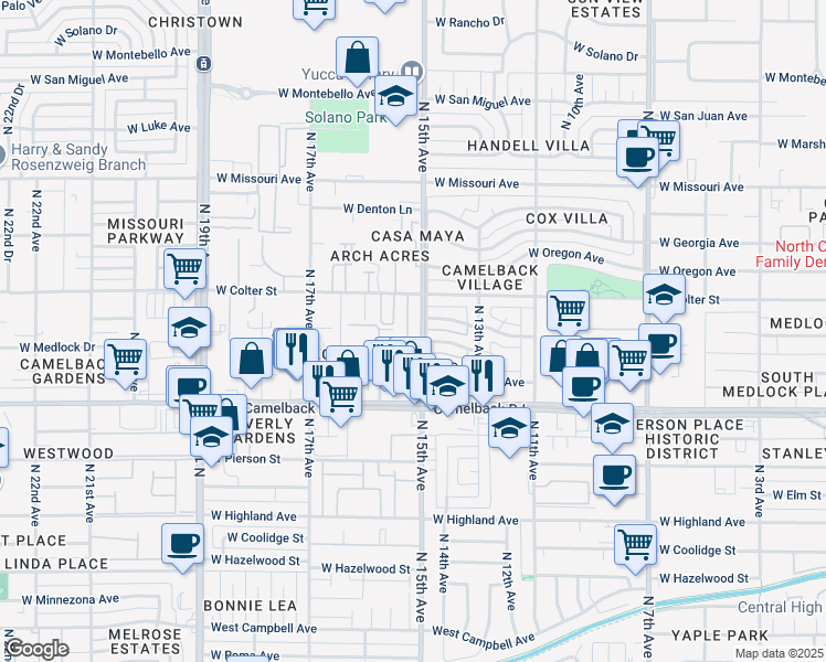 map of restaurants, bars, coffee shops, grocery stores, and more near 5115 North 16th Drive in Phoenix